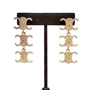 Designer Inspired Gold-Tone Crystal Logo Dangle Earrings